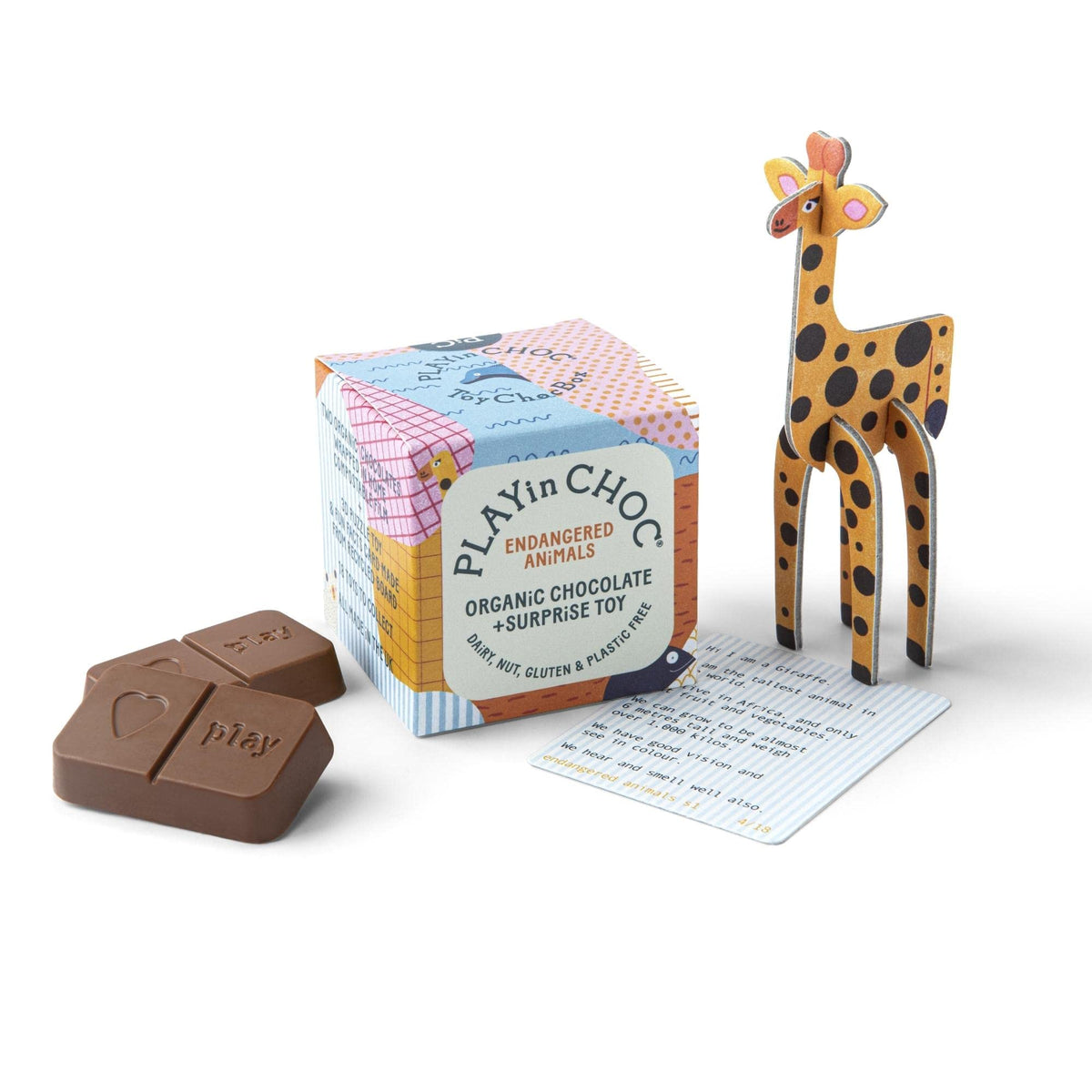 PLAYin CHOC ToyChoc Box, Organic Chocolate Gift Box for Kids With Surprise 3D Puzzle Toy, Gluten, Nut & Dairy Free Chocolate, Award Winning Vegan UK Chocolatier - Endangered Animals