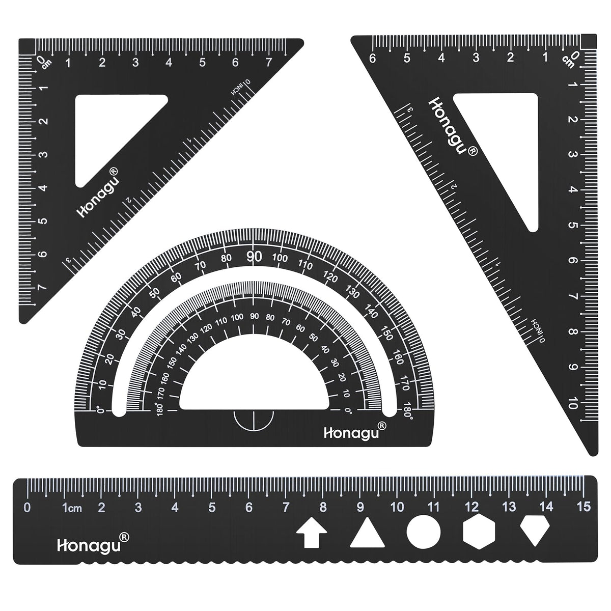 Honagu Triangular Ruler Set, 4 Pieces Aluminum Alloy Ruler, Metal Drafting Ruler, Geometric Protractor for Student,Draftsman, Engineers, Home School Office Supplies(15cm/5.9inch, Black)