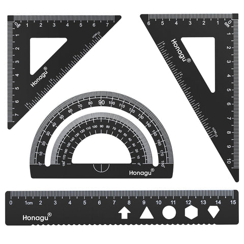 Honagu Triangular Ruler Set, 4 Pieces Aluminum Alloy Ruler, Metal Drafting Ruler, Geometric Protractor for Student,Draftsman, Engineers, Home School Office Supplies(15cm/5.9inch, Black)