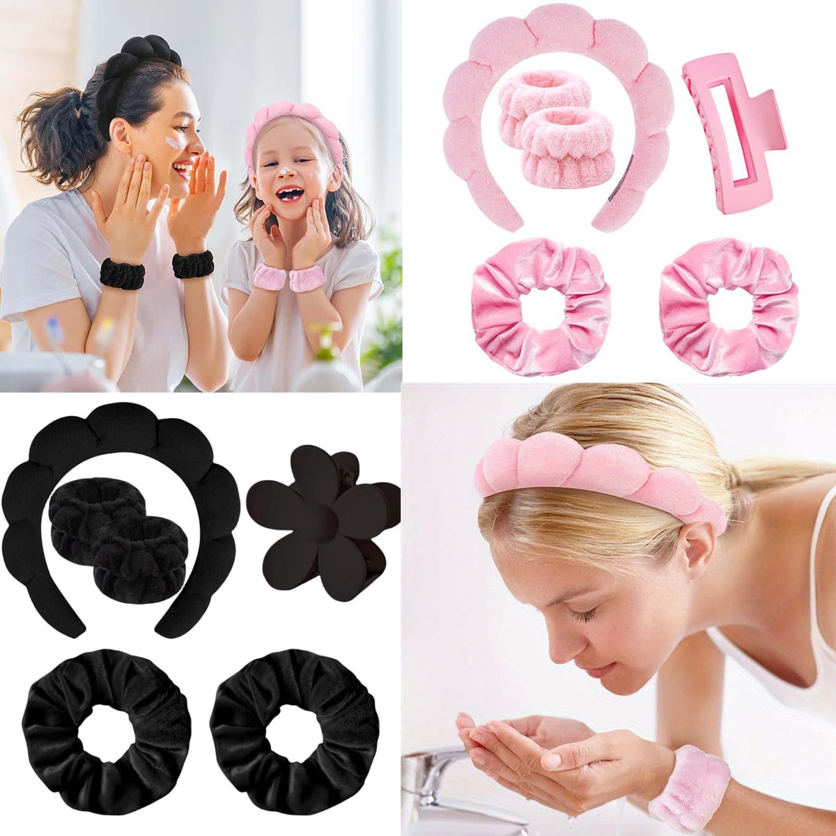 12 Pcs Spa Headband for Washing Face-Mask,Facial and Skin Care Headband Soft Makeup Head Band with Wristband and Clip Stuff for Teen Girls and Women Gift,Hair Accessory (Black and Pink, 5.1*5..4*2.4)