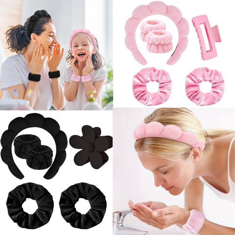 12 Pcs Spa Headband for Washing Face-Mask,Facial and Skin Care Headband Soft Makeup Head Band with Wristband and Clip Stuff for Teen Girls and Women Gift,Hair Accessory (Black and Pink, 5.1*5..4*2.4)