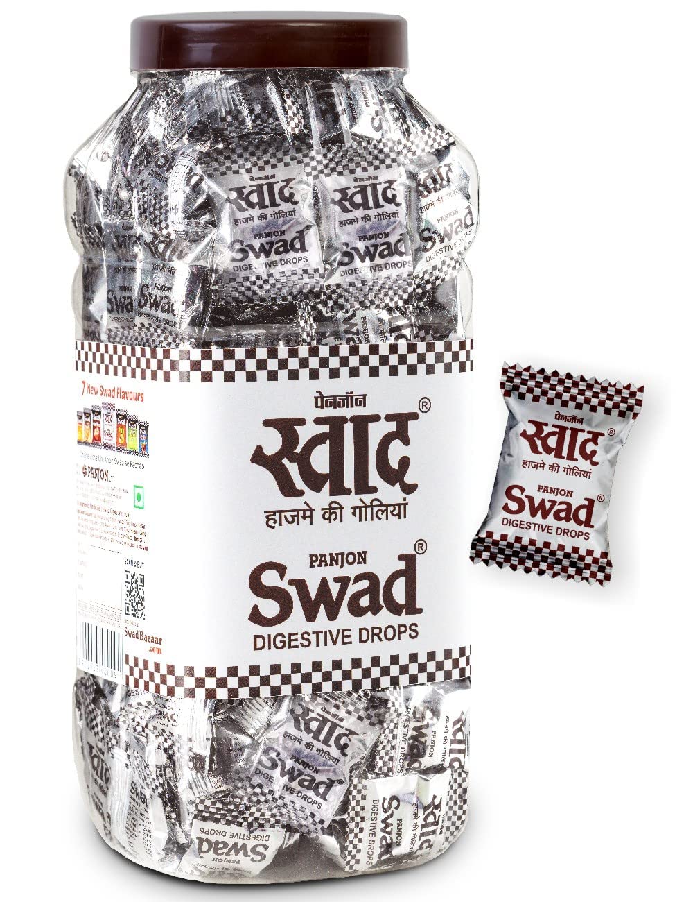 Swad Candy Jar (Digestive & Tangy Indian Masala Flavour Sweet Toffee) Vegan & Gluten Free, Candies Jar (200) (Silver-Black)