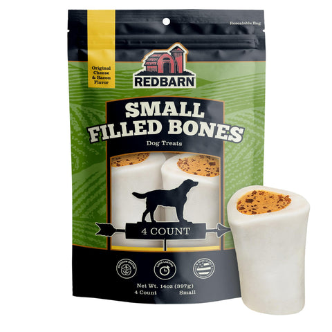 Redbarn Small Filled Dog Bones, Cheese & Bacon Flavor - Long Lasting Stuffed Femur Chew Treat Made in USA - 4 Count - Packaging May Vary
