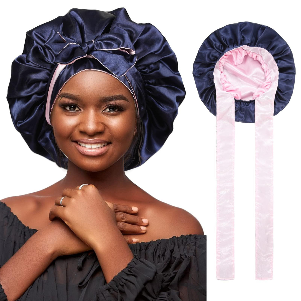 Satin Bonnet Silk Hair Bonnets for Women Curly Hair Wrap for Sleeping Cap Reversible Bonnet with Tie Band Night Cap Double Layer Sleep Cap for Curly Hair (Double-Layer Satin Bonnet (Navy Blue + Pink)