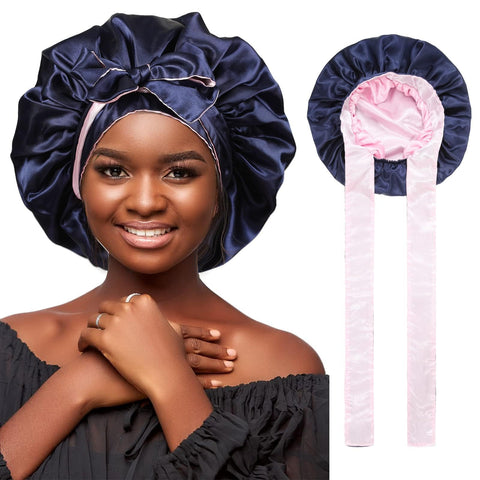 Satin Bonnet Silk Hair Bonnets for Women Curly Hair Wrap for Sleeping Cap Reversible Bonnet with Tie Band Night Cap Double Layer Sleep Cap for Curly Hair (Double-Layer Satin Bonnet (Navy Blue + Pink)