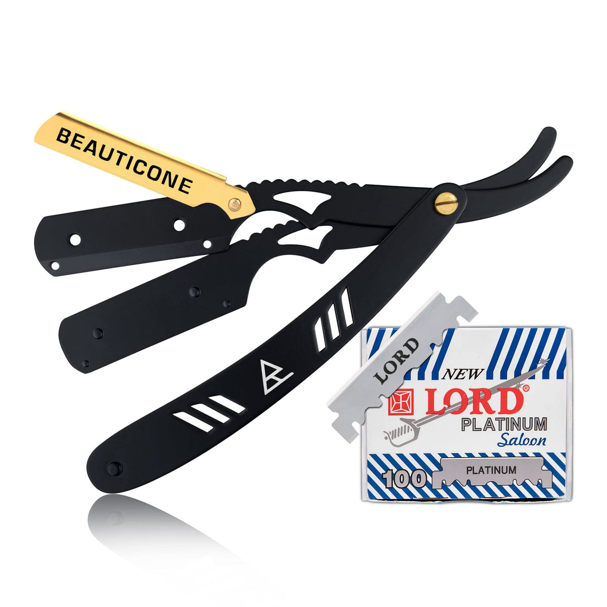 BEAUTICONE Straight Razor for Men, Professional Barber Razor with 100 Single Edge Blades, Straight Edge Single Blade Razors for Men, (Black & Gold with 100 blades)