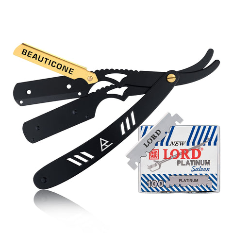 BEAUTICONE Straight Razor for Men, Professional Barber Razor with 100 Single Edge Blades, Straight Edge Single Blade Razors for Men, (Black & Gold with 100 blades)