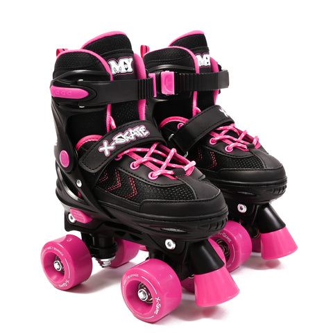 M.Y X-Skate Adjustable Pink Quad Roller Skates with Built In Adjusters Kids Roller Boots for Boys & Girls - Large