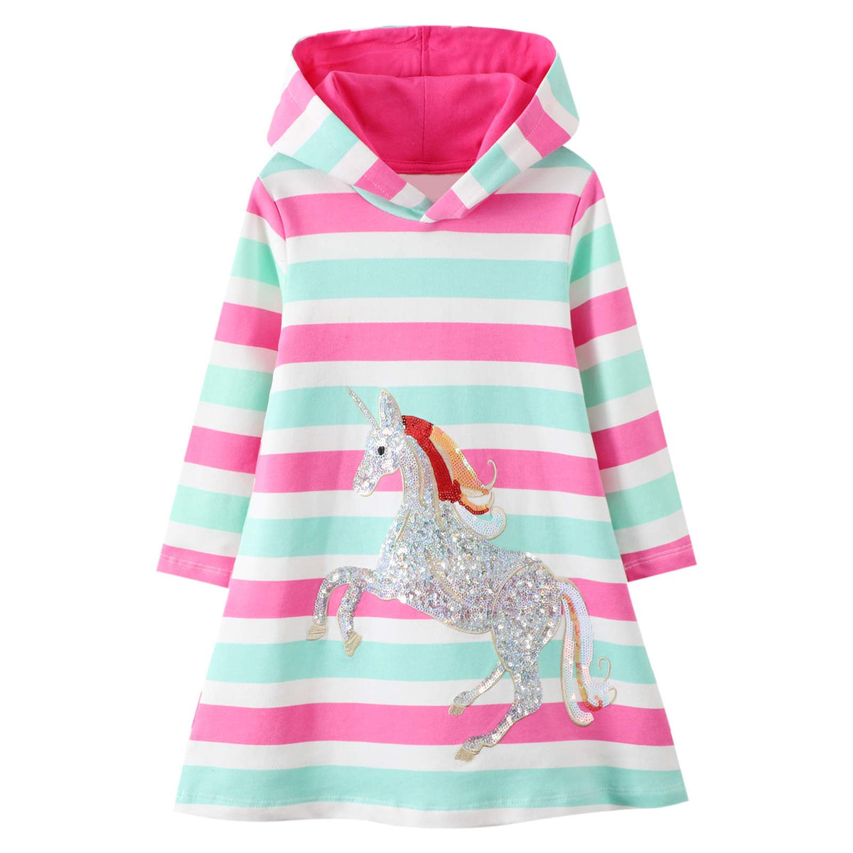 JinBei Girls Hoodies Dresses Animal Horse Stripe Hoody Kids Dress Long Sleeve Cotton Causal Sweatshirts Tunic Sweater Pullover Jumper Tops Age 5-6 Years Old