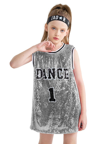 LOLANTA Girls Sequins Dance Costume Hip Hop Dancewear Sparkle Sleeveless Tank Top Dress, Silver Grey, 5-6 Years, Tag 120