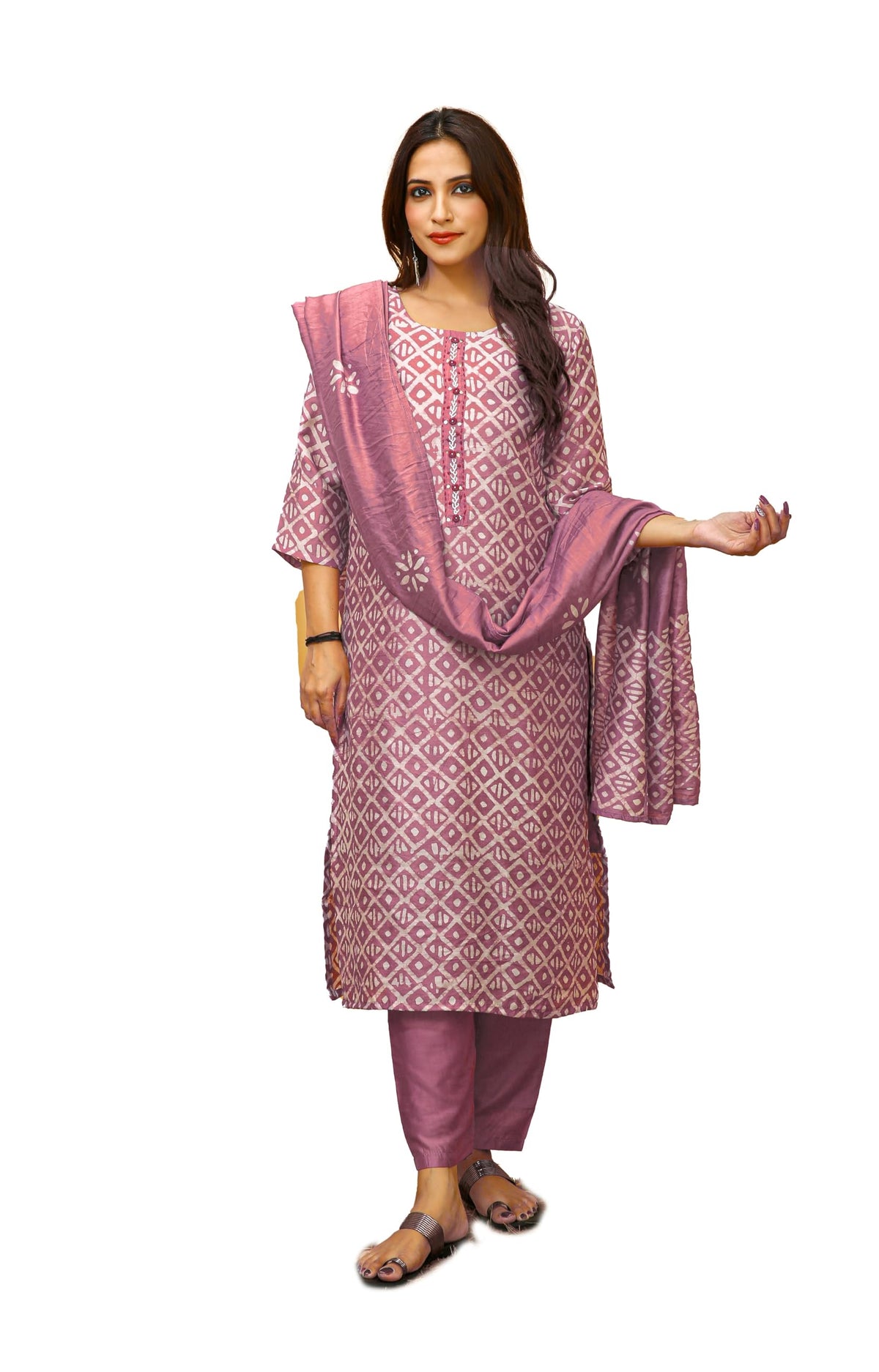 Ladyline Womens Silk Ethnic Batik Printed Hand Work Salwar Kameez with Silk Dupatta Kurta Pants Set (SPESK HRAN)(44/ Mouve)