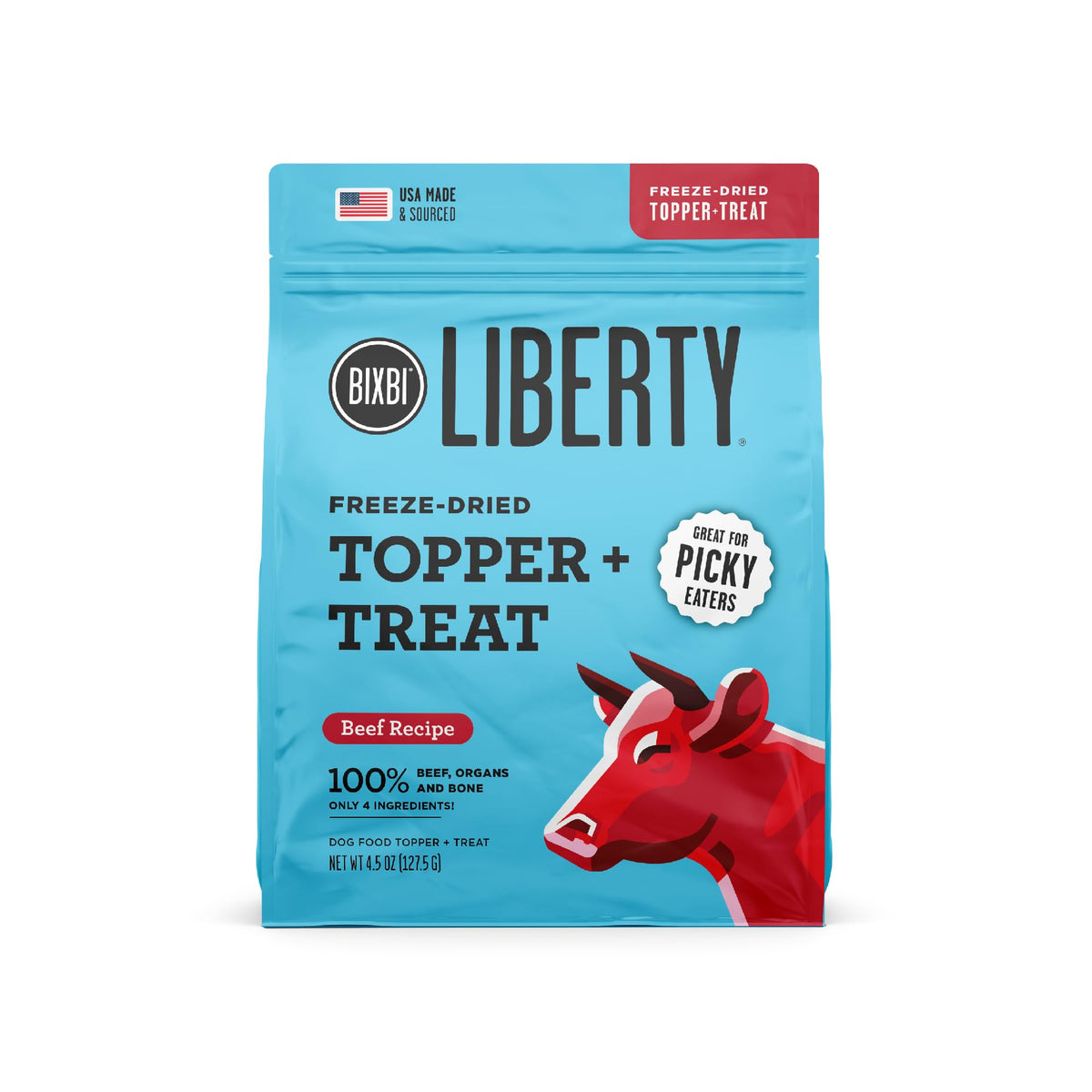 BIXBI Liberty Freeze Dried Dog Food Topper + Dog Treat, Beef Recipe, 4.5 oz - 98% Meat and Organs, No Fillers - Pantry-Friendly Raw Treat or Food Topper - USA Made in Small Batches