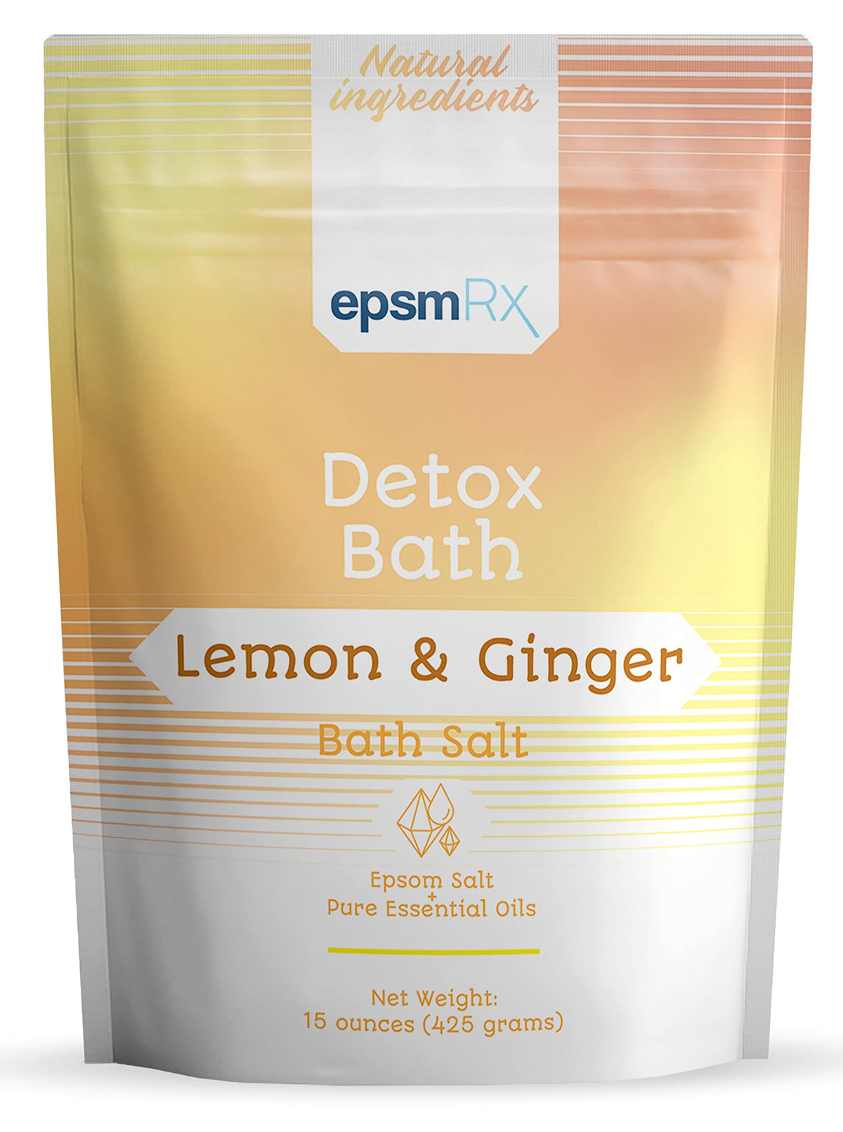 epsmRx Detox Bath Salt 15 Oz Epsom Salt Bath Soak Pouch, Lemon Essential Oil, Ginger Essential Oil