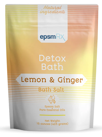 epsmRx Detox Bath Salt 15 Oz Epsom Salt Bath Soak Pouch, Lemon Essential Oil, Ginger Essential Oil