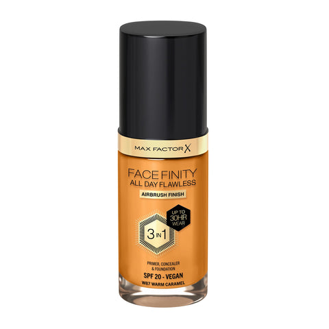 Max Factor Facefinity All Day Flawless 3 in 1 Liquid Foundation, Lightweight Oil Free Formula with SPF 20, 087 Warm Caramel, 30 ml