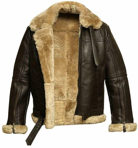 RAF Aviator B3 Shearling Sheepskin Leather Bomber Jacket For Men, Brown, L