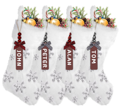 DIYDEC 4 Pack Christmas Stockings, White Faux Fur Large Plush Hanging Glitter Snowflake Xmas Stockings for Christmas Fireplace Personalized Decorations Socks