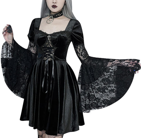 Maeau Gothic White Lace Dress - Women's Black Lolita Y2k Vintage Punk Cocktail Party Evening Steampunk A Line Dress