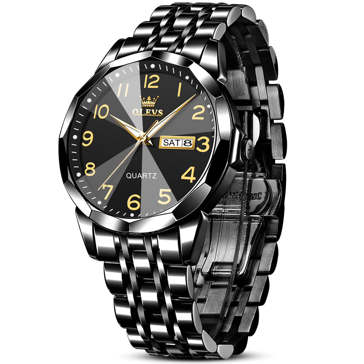 OLEVS Black Watches for Men Large Face Business Dress Analog Working Mens Watch Waterproof Fashion Casual Stainless Steel Mans Wristwatch Father Gift Reloj para Hombre with Day and Date