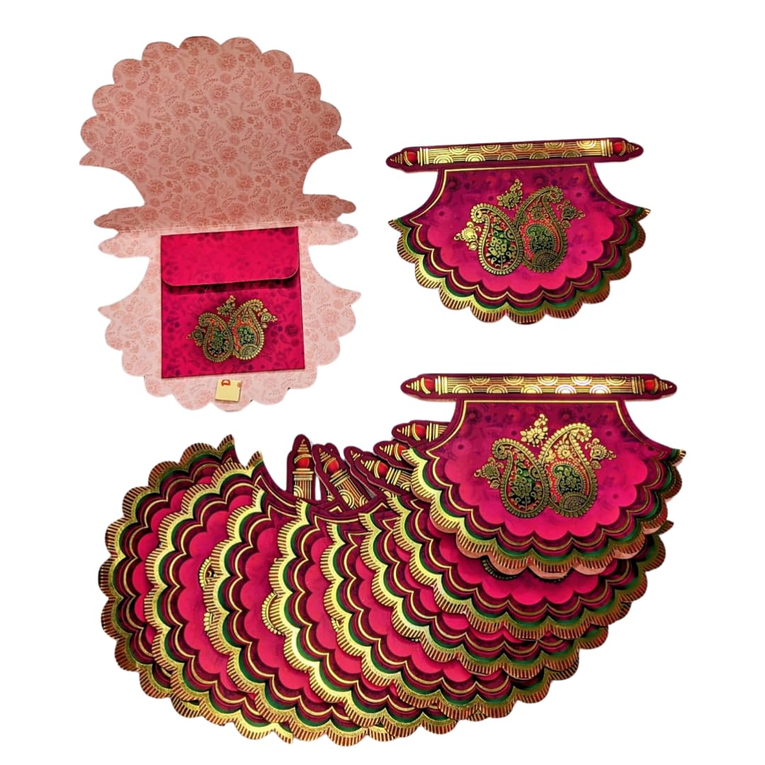 Shagun Envelopes (Pack of 10) Pankha Fan Shaped 2-fold Fancy Designer Set Money Cash Gift Envelope for Indian Wedding/Engagement/Diwali/Birthday/Anniversary (Red)