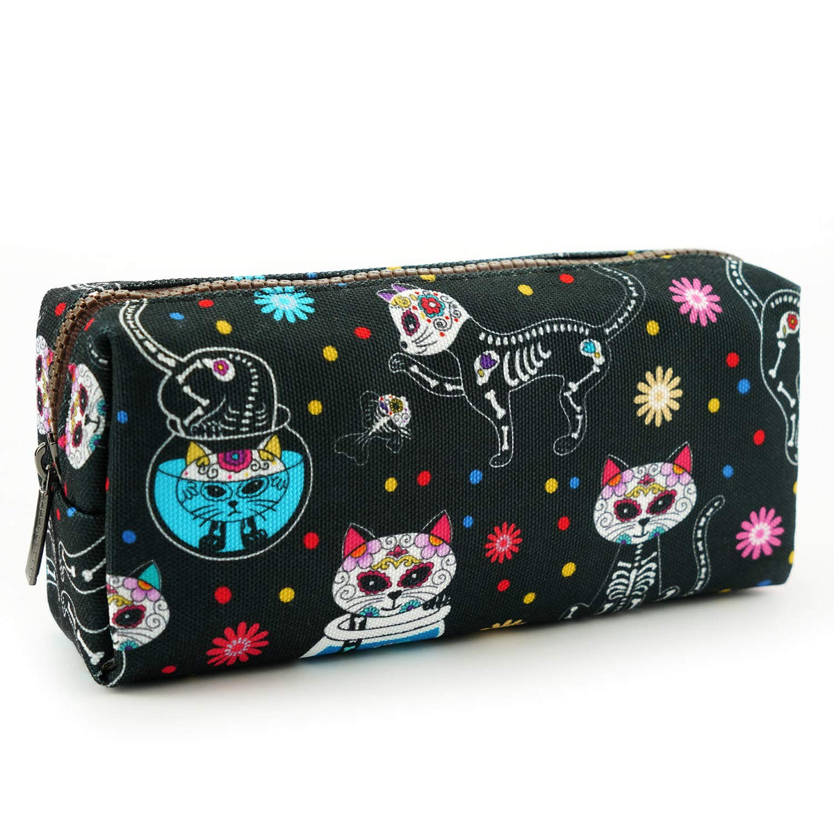 Day of The Dead Cats Pencil Case Dia de Los Muertos Bag Sugar Skull Cats Bag Toiletry Zip Pouch Bag