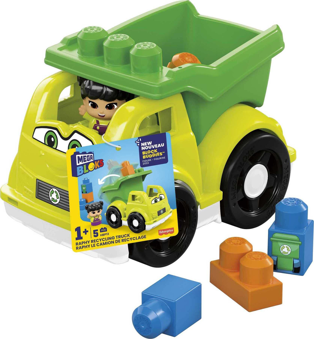 MEGA BLOKS Toddler Building Blockstoy Car with 1 Block Buddies Figure, Raphy Recycling Truck for Toddlers 1-3