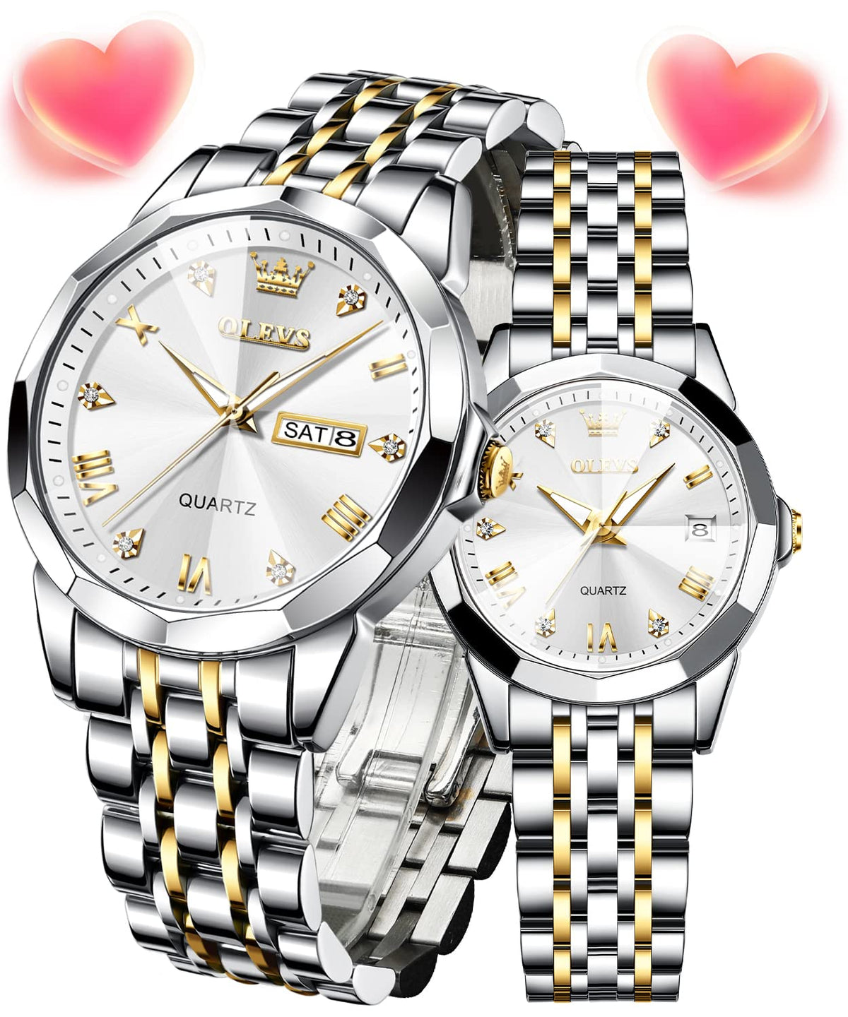 OLEVS Valentine's Day His and Her Couple Watches Fashion Dresse Matching Watches Quartz White Face White Stainless Steel Strap Luminous Waterproof Wrist Watch