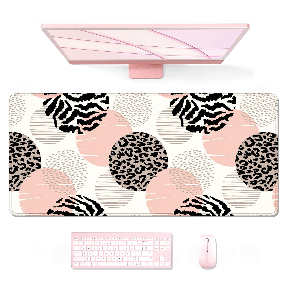 Auhoahsil Desk Mouse Pad, Large Gaming Mousepad, XXL Desk Pad, Extended Long Superior Micro-Weave Cloth Non-Slip Rubber Big Computer Mouse Mat for Gamer, Office & Home, 35" x 15", Pink Dots Leopard