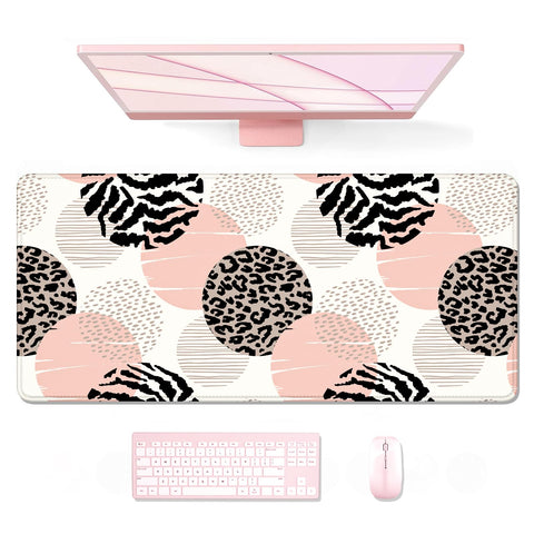 Auhoahsil Desk Mouse Pad, Large Gaming Mousepad, XXL Desk Pad, Extended Long Superior Micro-Weave Cloth Non-Slip Rubber Big Computer Mouse Mat for Gamer, Office & Home, 35" x 15", Pink Dots Leopard