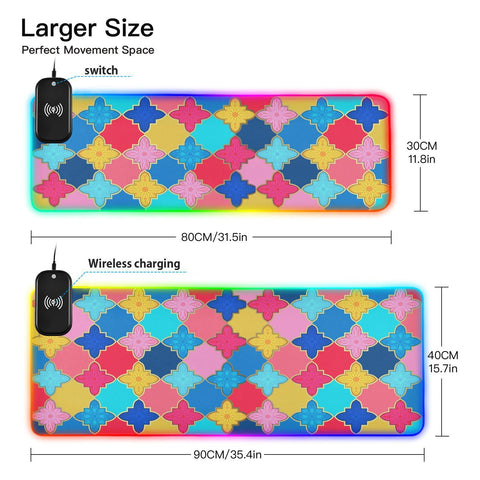Boho Mandala Wireless Charging Mouse Pad for Mobile Phone Extra Large Gaming Mousepad with 13 Lighting Modes Keyboard Mat for MacBook PC Laptop Office Home Gaming