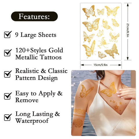 Konsait 9 Sheets Gold Temporary Tattoos, Flash Moon Butterfly Elephant Metallic Tattoos, Metallic Temporary Tattoos for Women Girls, Gold Face Tattoos for Parties Makeup Cosplay Festival Accessories