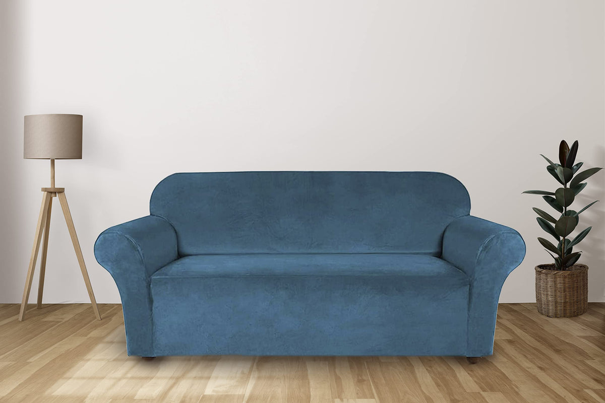 Deejay Modern Velvet Plush Super Stretchable | Flexible| Non-Slip| Big Elasticity| Perfect Size Sofa Cover Slipcover 185-230cm Teal Velvet , Three-Seater ( 1 PIECE CUSHION COVER INCLUDED )