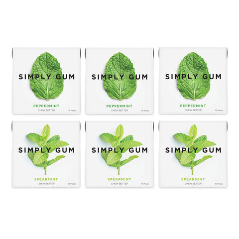 Simply Gum | Variety Pack - Peppermint, Spearmint | Pack of Six (90 Pieces Total) | Synthetic Free + Aspartame Free + non GMO