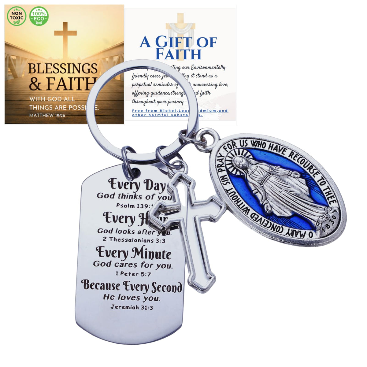 HALUKAKAH Italian Designed Affirmation Keychain Miraculous Medal & Bible Dog Tag - Silver Oxidized with Blue Enamel Accent | Catholic Jewelry Gift with Cross Card | Mental Health & Self Love Reminder