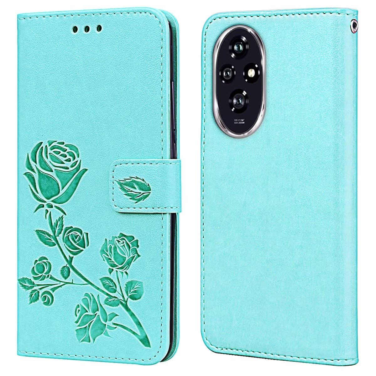 RankOne Leather Wallet Case for HONOR 200 5G (6.7" Inches), with Card Holder Rose Pattern Design Cover Folio Flip Case - Green