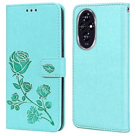 RankOne Leather Wallet Case for HONOR 200 5G (6.7" Inches), with Card Holder Rose Pattern Design Cover Folio Flip Case - Green