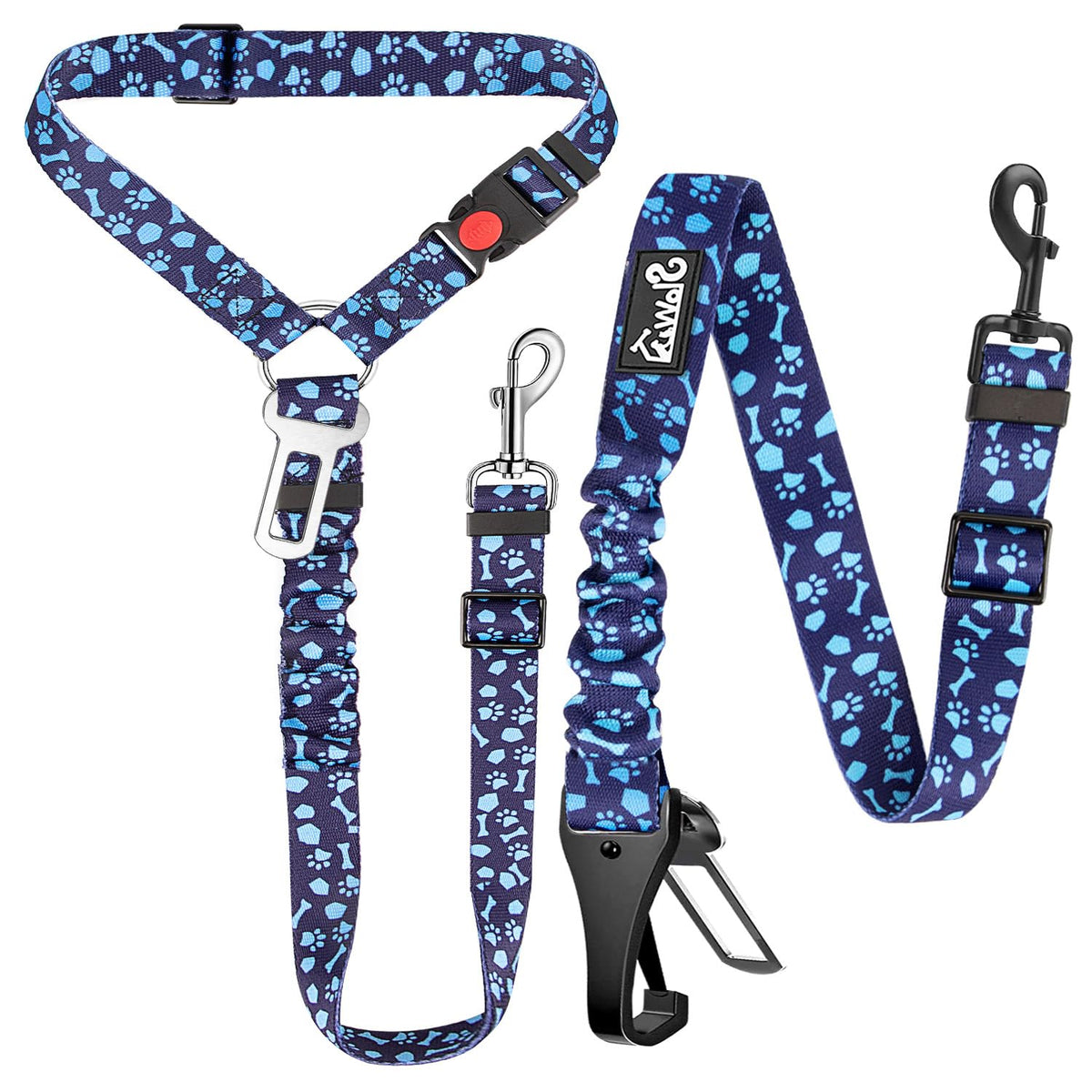 Lukovee Dog Seatbelt Leash for Cars, 2 Pack Pet Safety Car Seat Belt with Adjustable Buckle & Reflective Bungee, Connect Dog Harness in Vehicle Car Dogs Restraint Travel Daily Use (Blue Paw)
