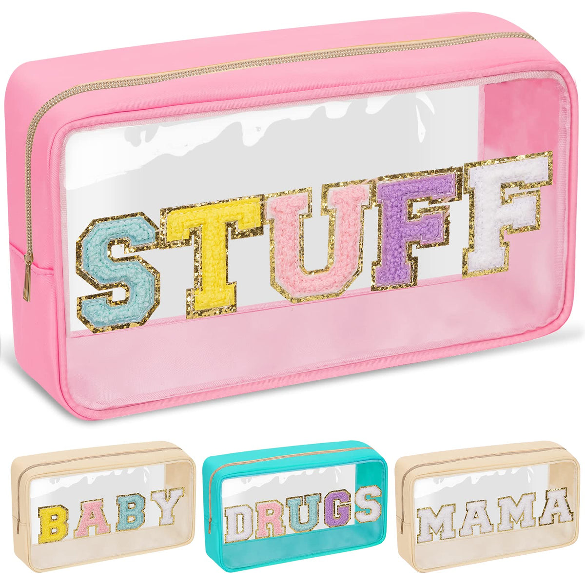 izuzta Preppy Patch Makeup Bag, Chenille Letter Clear Makeup Bags with Zipper, STUFF-Pink, Travel
