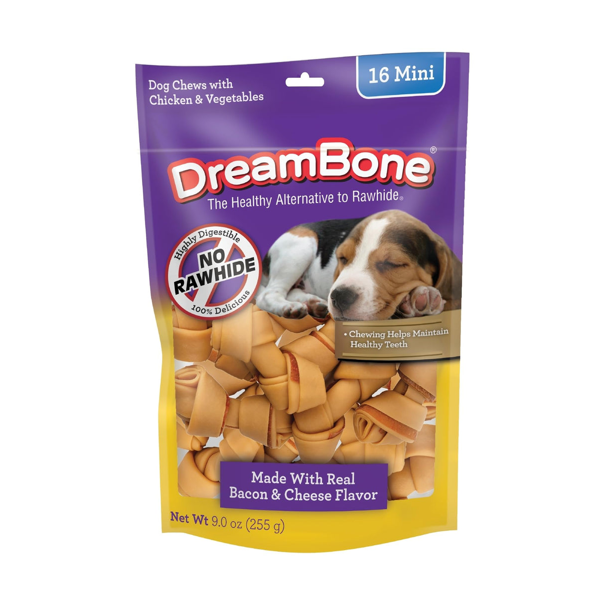 DreamBone Mini Chews with Real Bacon and Cheese Flavor 16 Count, Rawhide-Free Chews for Dogs