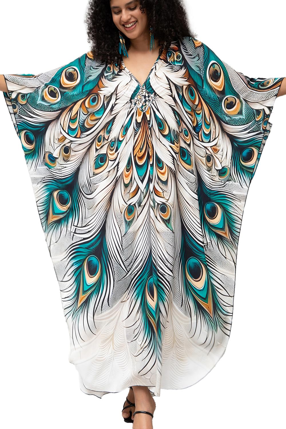 YouKD Maxi Dress V-Neck Kaftan Boho Robes Beach Cover-ups Dress Maxi Garment for Women