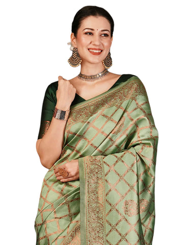 SIRIL Women's Banarasi Jacquard Soft Kanjeevaram Saree With Unstitched Blouse Piece, Pista Green, One Size
