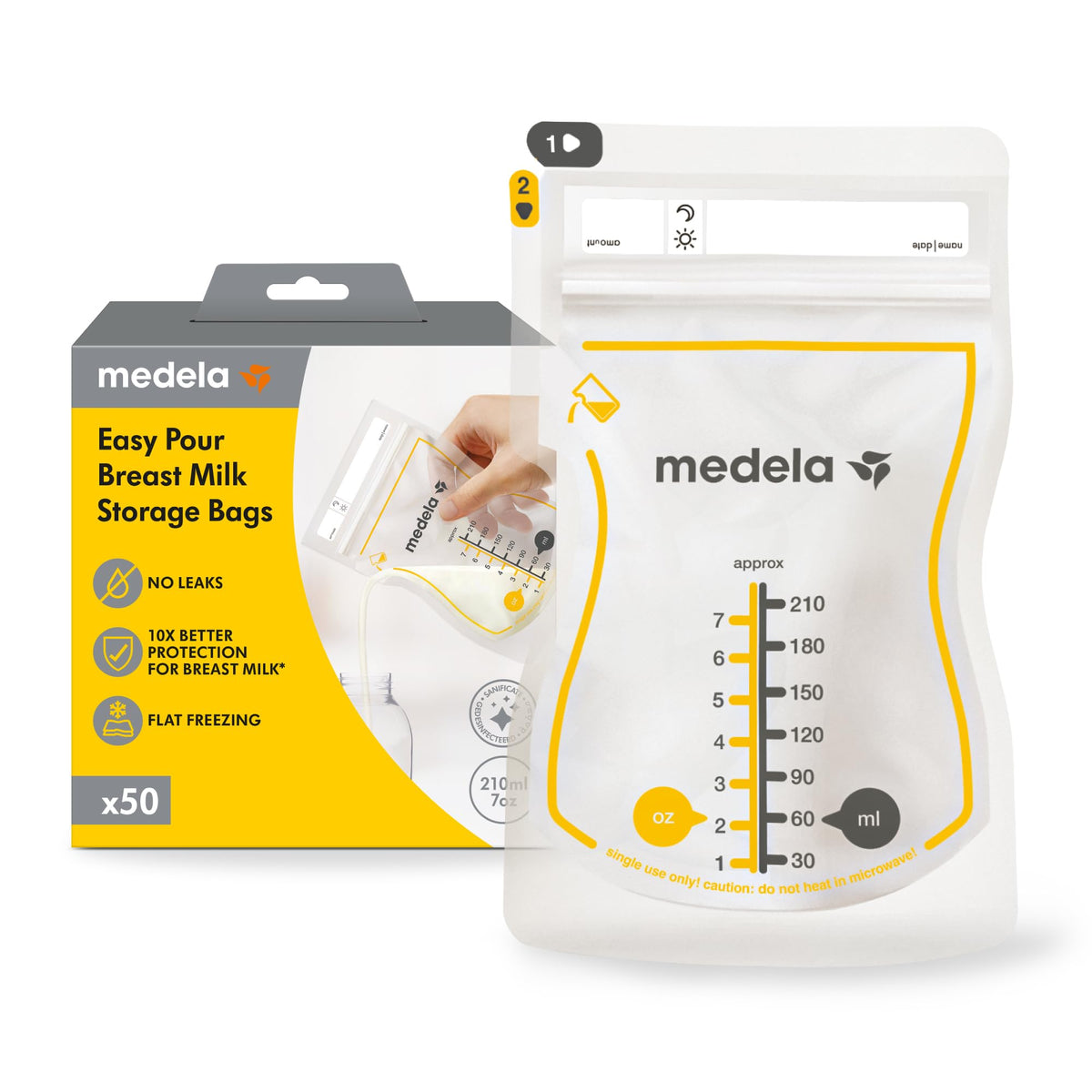 Medela Easy Pour Breastmilk Storage Bags, Disposable 210ml Bags, Leak Proof, Protect Milk Nutrients, BPA Free, Pack of 50 Bags