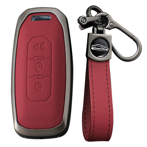 KUNIO Leather Metal Car Key Fob Cover Fit for Ford Taurus Territory Kuga EV Key Protective Cover Keychain Key Holder Automotive Interior Accessories 3 Button Smart Key B Red