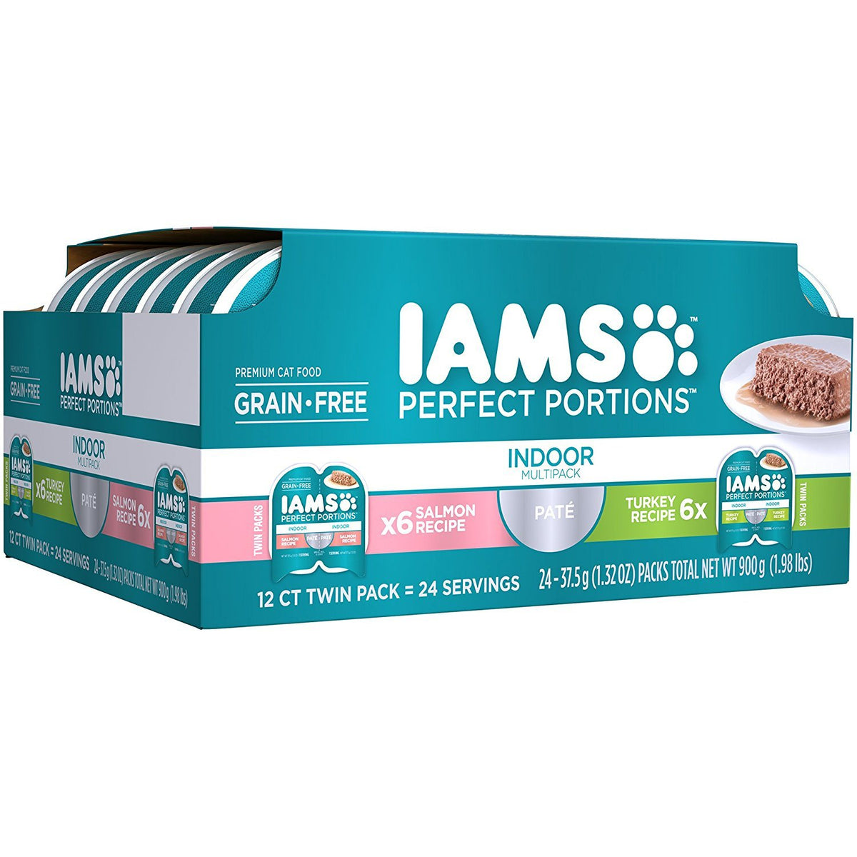 Iams Premium Cat Food Grain Free Perfect PORTIONS Indoor Multi Pack 6- (12-Servings) Salmon Recipe, 6- (12-Servings) Turkey Recipe