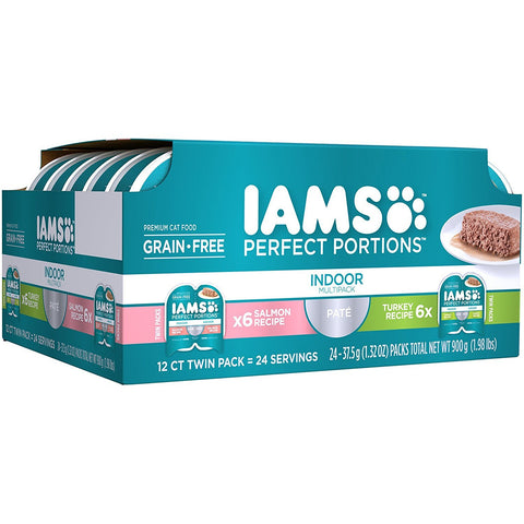 Iams Premium Cat Food Grain Free Perfect PORTIONS Indoor Multi Pack 6- (12-Servings) Salmon Recipe, 6- (12-Servings) Turkey Recipe