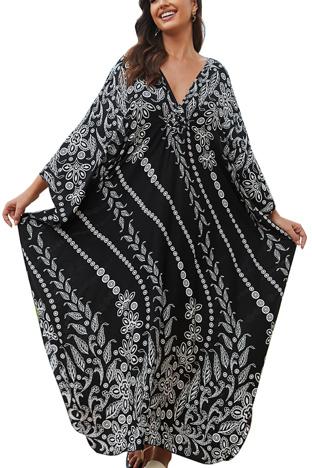 YouKD Women's Large Size Kaftan Dress Boho Beach Bikini Cover Ups Plus Size Bathrobes Casual Wear One Size