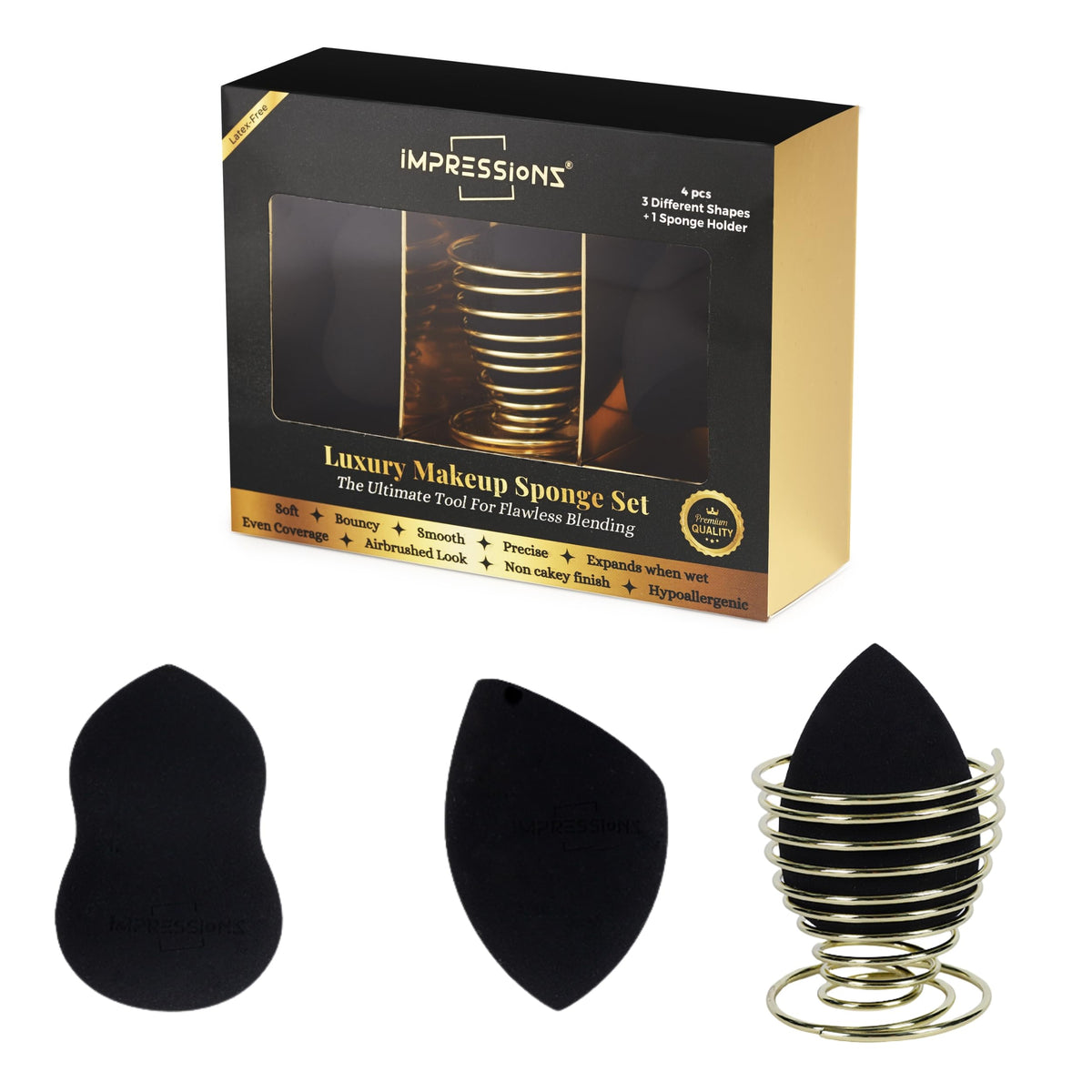 ImpressionZ Makeup Sponge Set, 3 Pcs Blending Sponges with 1 Holder, Multi-shape Cosmetic Applicators for Foundation, Vegan & Cruelty Free, Black, Polyurethane
