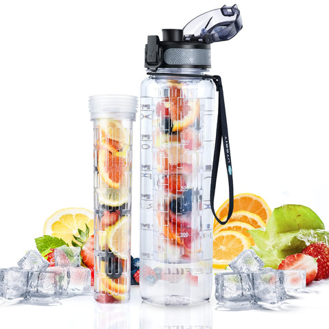 UTEBIT Water Bottle 1L with Fruit Infuser, 1 Litre SportsÃƒÆ’Ã†â€™ÃƒÂ¢Ã¢â€šÂ¬Ã…Â¡ÃƒÆ’Ã¢â‚¬Å¡Ãƒâ€šÃ‚Â Water Bottle with Motivational Time Marker, Dishwasher Safe Leak-proof Bottle BPA Free Tritan for Outdoors, Camping, Gym, School, Office