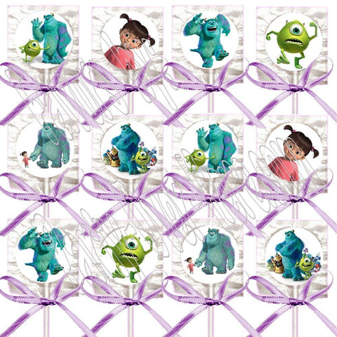 Monsters Inc Party Favors Supplies Decorations Movie Lollipops w/ Lavender Bow Ribbons Party Favors -12 pcs, Sully, Mike, Boo