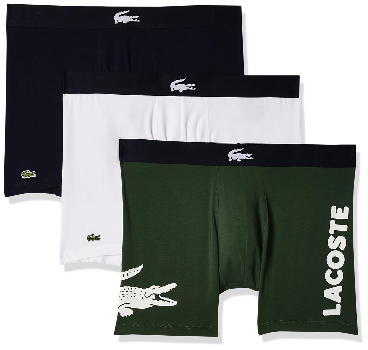 Lacoste Mens Iconic Fashion 3 Pack Cotton Stretch Boxer Briefs, Thyme/Navy Blue-White, X-Large US